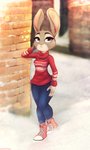 anthro bottomwear clothing female footwear fur looking_at_viewer multicolored_body multicolored_fur outside pants purple_eyes shoes solo standing sweater topwear two_tone_body two_tone_fur winter dof disney zootopia judy_hopps lagomorph leporid mammal rabbit 3:5 hi_res