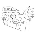 anthro container cup dialogue duo female holding_object looking_at_another male speech_bubble text vape_pen twistcmyk twist_(twistcmyk) canid canine canis domestic_dog mammal absurd_res english_text hi_res monochrome