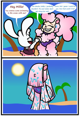 2_panel_comic 4_fingers age_difference anthro asking asking_another beach black_nose bodily_fluids border brown_eyebrows brown_nose clear_sky clothed clothed_anthro clothed_female clothing day dialogue duo eyebrows eyelashes eyes_closed female fingers fur hair hand_holding hand_on_own_face happy larger_anthro larger_female light long_ears name_drop name_in_dialogue nervous nervous_smile older_anthro older_female open_mouth open_smile outside partially_submerged pink_body pink_fur pink_hair pink_inner_ear pink_one-piece_swimsuit pink_tail ponytail purple_one-piece_swimsuit question_mark red_tongue sand sea seaside short_hair size_difference sky smaller_anthro smaller_female smile speech_bubble standing sweat sweatdrop tail tan_body tan_hands tan_skin teeth text tongue toothy_grin water wet wet_body wet_fur white_border white_hair wool_(fur) yelling yelling_at_another young young_anthro young_female younger_anthro younger_female captainquack64 elizabeth_(captainquack64) millie_(captainquack64) bovid caprine lagomorph leporid mammal rabbit sheep 2024 colored comic digital_media_(artwork) english_description english_text hi_res lighting