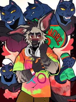 anthro blush bodily_fluids bottomwear clothed clothing daydream duo electronics female female/female fur hair headphones markings melanistic multicolored_clothing multicolored_shirt multicolored_topwear shirt shorts smile spots spotted_body stripes sweat sweatdrop tail teeth thinking_about_another topwear dogeist goat_(movie) sony_corporation sony_pictures hannah_(goat) jett_fillmore aardwolf felid hyena leopard mammal pantherine absurd_res digital_media_(artwork) hi_res