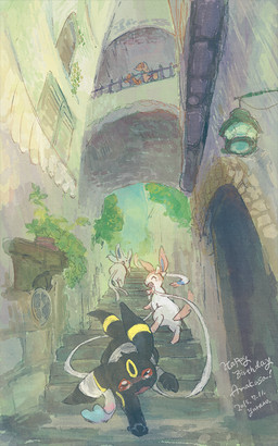 ambiguous_gender archway black_body black_fur building day detailed_background eyes_closed feral forked_tail fur group lamp open_mouth open_smile outside pink_body pink_fur plant plant_pot potted_plant red_eyes ribbons_(anatomy) smile stairs tail text trio_focus unusual_anatomy unusual_tail walking white_body white_fur white_text yura_inaho animal_crossing nintendo pokemon bow_(animal_crossing) eeveelution espeon generation_1_pokemon generation_2_pokemon generation_6_pokemon pokemon_(species) sylveon umbreon vulpix 2015 5:8 dated digital_media_(artwork) digital_painting_(artwork) digital_watercolor_(artwork) english_text handwritten_text painting_(artwork) watercolor_(artwork)