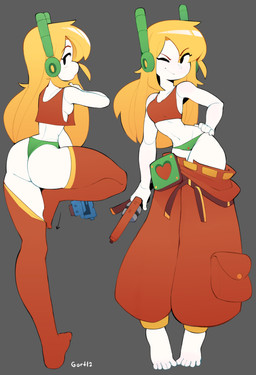 5_fingers blonde_hair blush blush_lines bottomwear bottomwear_down breasts butt clothed clothing electronics feet female fingers footwear green_clothing green_panties green_underwear gun hair headphones heart_symbol legwear looking_at_viewer machine one_eye_closed oversized_bottomwear oversized_clothing oversized_pants panties pants pants_down pants_falling_down partially_clothed ranged_weapon sagging_pants simple_background smile smirk socks solo stockings topwear underwear weapon white_body wink winking_at_viewer gortdraws cave_story curly_brace humanoid robot 2025