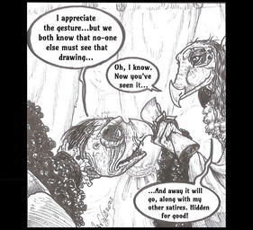 anthro beak claws curtains dialogue elderly fangs gown hair looking_around multi_limb renaissance_clothing scroll smile speech_bubble teeth text worried skekla_(artist) the_dark_crystal skekla_the_illustrator skeksil_the_chamberlain alien skeksis 2025 comic english_description english_text signature herm_(lore)