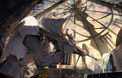 5_fingers aiming_sniper_rifle aiming_weapon anthro beverage_can blonde_eyebrows bottomwear box claws clock clock_tower clothing collared_shirt container detailed_background dress_shirt eyebrows finger_claws fingers fur glint grey_body grey_fur gun inside male ranged_weapon rifle shirt shorts sniper_rifle solo text topwear unbuttoned_shirt weapon white_dress_shirt white_sclera yellow_claws yellow_eyes chiayeeee canid canine canis mammal wolf 2023 absurd_res digital_media_(artwork) digital_painting_(artwork) english_text hi_res painting_(artwork)