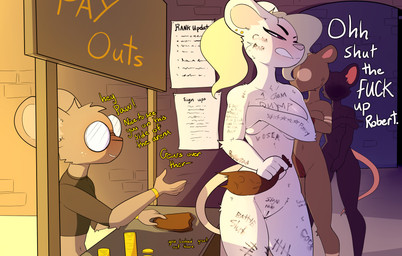 after_sex angry anthro blonde_hair bodily_fluids body_writing bracelet breasts brick_wall brown_body brown_fur clothing coin coin_bag covering covering_breasts crop_top dark_body dark_fur dialogue eyelashes eyewear female female/female freckled_face freckles fur genitals glasses gold_(metal) gold_bracelet gold_jewelry group hair jewelry long_eyelashes male male/female morning_after nerd payment piercing profanity public public_exposure rank scroll shirt sign standing standing_in_line text text_on_paper topwear trio tuft wall_(structure) privvys-art pawkaf mammal mouse murid murine rodent absurd_res english_text hi_res