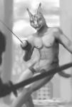 fencer foreskin genitals gladiator kemono male nude penis solo warrior vide caracal caracal_(genus) felid feline mammal monochrome