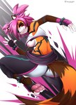 anthro breasts brown_body brown_fur clothed clothing cosplay eye_patch eyewear female fur hair looking_at_viewer nipples orange_body orange_fur pink_hair rear_view red_eyes smile solo white_body white_fur moonfluffmf kassidi_(moonfluffmf) ailurid mammal red_panda hi_res