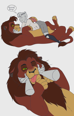 bestiality blep brown_body brown_fur duo ears_down female female_human female_on_feral feral fur human_on_feral humor interspecies interspecies_romance larger_feral larger_male male male/female male_feral mane paws petting pivoted_ears rubbing simple_background size_difference smaller_female smaller_human speech_bubble tail tail_tuft text tongue tongue_out tuft whiskers white_background cajuzinho02 disney the_lion_king anon anonymous_character kovu_(the_lion_king) felid feline human lion mammal pantherine absurd_res hi_res