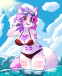 anthro bikini breasts cleavage clothed clothing detailed_background dripping eyewear female fluffy fluffy_tail fur hair looking_at_viewer paws pink_body pink_fur pink_hair purple_body purple_fur purple_hair red_bikini red_clothing red_swimwear sea sky solo sunglasses swimwear tail two-piece_swimsuit water wet wet_body white_body white_fur katgod101 arlenne_(katgod101) canid canine canis domestic_dog mammal absurd_res hi_res