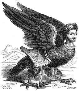 beard claws clothing facial_hair feathered_wings feathers feral headgear headwear human_faced_feral humanoid_face jewelry looking_at_viewer male necklace outside religious_clothing religious_headwear solo spread_wings stirrups turban wings louis_le_breton dictionnaire_infernal mythology garuda avian 1863 19th_century ancient_art black_and_white hi_res monochrome signature