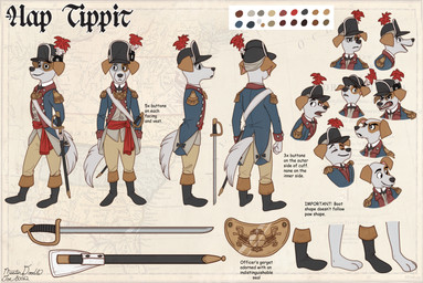 1700s 1700s_clothing 3_toes 4_fingers american_revolutionary_war anthro armor bared_teeth barefoot boots clothed clothed_male clothing epaulet feather_plume feet fingers floppy_ears footwear fur glaring gorget hap_tippit_(masterdoodle) happy hat hat_feather headgear headwear loose_feather male melee_weapon military military_clothing military_officer open_mouth saber sash scabbard shoes smile soldier solo sword teeth text toes warrior weapon white_body white_fur masterdoodlejoe80062 canid canine canis domestic_dog mammal absurd_res english_text hi_res model_sheet