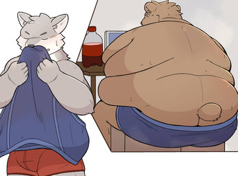 anthro big_butt brown_body butt butt_cleavage clothing computer electronics eyes_closed grey_body male musk obese obese_male overweight overweight_male sitting sniffing sniffing_clothes underwear underwear_sniffing nemuine908 bear canid canine canis domestic_dog mammal 2024 hi_res