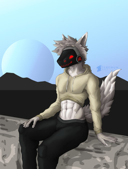 abs anthro athletic athletic_male bottomwear clothed clothing crop_top cropped_hoodie fur glowing glowing_eyes hair hoodie legwear looking_at_viewer machine male muscular pants shirt simple_background sitting smile solo tail topwear visor white_body conditional_dnp teremunart protogen absurd_res character_request hi_res