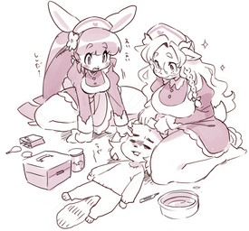 accessory ambiguous_gender anthro barefoot big_breasts bow_ribbon bowl braided_hair breasts clothing collar container crouching eyewear feet female first_aid_kit flower flower_in_hair frilly frilly_clothing glasses group hair hair_accessory hair_bow hair_ribbon hat head_between_thighs headgear headwear horn ill kneeling maid_uniform medical_instrument nurse_clothing nurse_hat nurse_headwear open_mouth plant ribbons rosy_cheeks round_glasses scientific_instrument simple_background sparkles sweater tail text thermometer topwear trio uniform white_background kaeritai07 chao_pyon_pyon mei-chan_(kaeritai07) bovid canid canine caprine goat lagomorph leporid mammal rabbit raccoon_dog tanuki hi_res japanese_text sketch