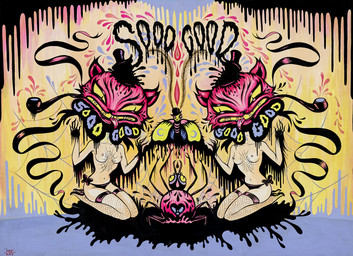 ambiguous_gender breasts clothing female feral fishnet_clothing fishnet_legwear fishnet_thigh_highs fur group legwear nipples pink_body pink_fur smoking_pipe spider_web tattoo teeth text thigh_highs tongue tongue_out wings camille_rose_garcia animal_humanoid arachnid arthropod cat_humanoid felid felid_humanoid feline feline_humanoid humanoid insect lepidopteran mammal mammal_humanoid moth spider