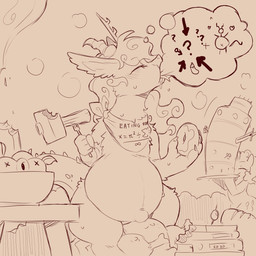 5_fingers anthro belly big_belly blush bodily_fluids crossgender dessert doughnut eating eyes_closed female feral fingers food hair long_hair mtf_crossgender pastry pregnant pregnant_female pregnant_feral semi-anthro sitting solo sweat text thick_thighs thought_bubble cold-blooded-twilight friendship_is_magic hasbro my_little_pony discord_(mlp) pinkie_pie_(mlp) chimera draconequus 1:1 english_text greyscale hi_res monochrome