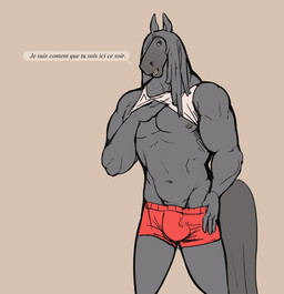 abs anthro biceps biped bottomwear bulge clothed clothing clothing_lift dialogue dreadlocks fur grey_body grey_eyes grey_fur grey_hair grey_nipples hair long_hair looking_at_viewer male muscular muscular_anthro navel nipples open_mouth pecs pose shirt shirt_lift shorts simple_background solo standing tan_background tank_top teeth text tongue topwear ritts jean-luc_(ritts) equid equine horse mammal french_text translated