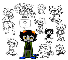black_clothing black_shirt black_topwear blue_clothing blue_footwear blue_shoes blue_tail bottomwear cape censor_bar clothing eyelashes female flail footwear green_clothing green_jacket green_topwear grey_bottomwear grey_clothing grey_pants hat headgear headwear horn jacket long_eyelashes looking_at_viewer melee_weapon motion_lines pants question_mark shirt shoes smile smiling_at_viewer solo standing tail tear_trough topwear weapon wide_hips newtype_hero homestuck ms_paint_adventures karkat_vantas nepeta_leijon alien animal_humanoid cat_humanoid felid felid_humanoid feline feline_humanoid humanoid mammal mammal_humanoid troll_(homestuck) sketch