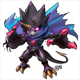 anthro black_body black_sclera blade cape chibi claws clothing glowing glowing_eyes horn male solo stinger tail tail_blade weapon_tail cwdwcwdw bandai_namco digimon digimon_ghost_game digimon_(species) gulusgammamon hi_res