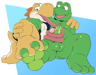 3_toes 4_fingers anthro balls blue_eyes clothing coat duo entwined_toes erection feet fingers footsie foreskin genitals green_body hug humanoid_genitalia humanoid_penis licking long_tongue male male/male masturbation nipples nude open_mouth oral orange_body orange_scales penile penis penis_lick red_eyes scales sex soles toes tongue tongue_out tonguejob topwear yellow_body tderek99 mario_bros nintendo ket_ralus_(character) oliver_(includefireio) tortavi yellow_yoshi yoshi hi_res