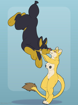 black_body blue_eyes breasts duo female inflatable male male/female null pink_eyes tail yellow_body symrea animate_inanimate canid canine canis domestic_dog felid lion living_inflatable mammal pantherine hi_res
