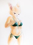 anthro bikini bikini_thong body_hair breasts clothing constricted ear_piercing ear_ring female green_bikini green_clothing green_swimwear hand_on_breast industrial_piercing navel piercing red_eyes ring_piercing solo swimwear two-piece_swimsuit white_body ichinoseura lagomorph leporid mammal rabbit absurd_res hi_res traditional_media_(artwork)