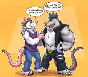 anthro bottomwear clothing dialogue duo fur grey_body grey_fur male muscular muscular_male pants pink_nose shirt simple_background standing tail text topwear yellow_sclera mezasalvador brok_the_investigator cowcat_games fan_character squealers_chief mammal murid murine rat rodent 2026 english_text hi_res