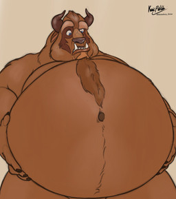 anthro belly belly_tuft big_belly brown_body brown_fur claws fangs fur holding_belly horn low-angle_view male navel nude obese obese_anthro obese_male overweight overweight_anthro overweight_male solo teeth tuft underbite husky2paws beauty_and_the_beast disney beast_(disney) mammal monster 2024 half-length_portrait hi_res portrait signature