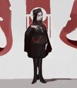abstract_background black_boots black_bottomwear black_clothing black_coat black_footwear black_hair black_topwear boots bottomwear clothed clothing coat female female_humanoid footwear front_view hair humanoid_pointy_ears lips long_hair looking_at_viewer mouth_closed pale_skin pointy_ears red_lips shoes solo standing topwear edvardiko humanoid absurd_res full-length_portrait hi_res portrait