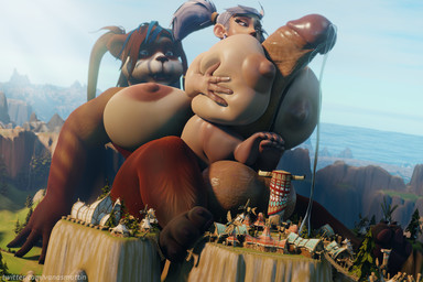 anthro areola balls big_balls big_breasts big_penis bodily_fluids breast_play breasts brown_body brown_fur brown_hair destruction dripping duo female fur genital_fluids genitals glans green_eyes gynomorph gynomorph/female hair herm huge_balls huge_breasts huge_penis humanoid_genitalia humanoid_on_anthro humanoid_penis hyper hyper_breasts intersex intersex/female landscape_dwarfing larger_anthro larger_gynomorph larger_intersex lying macro macro_on_macro nipples nude on_back penis precum precum_drip sex sitting size_difference smaller_female smaller_humanoid titfuck vanasmuttin blizzard_entertainment warcraft bear gnome humanoid mammal pandaren 3:2 3d_(artwork) blender_(artwork) digital_media_(artwork) hi_res
