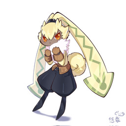anthro bottomwear chibi clothing fur gloves handwear long_ears male orange_eyes pants ponytail_ears shirtless small_waist solo yellow_body yellow_fur youzaiyouzai112 bandai_namco digimon digimon_ghost_game digimon_(species) lagomorph leporid mammal rabbit symbareangoramon 1:1 hi_res