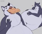anthro belly big_belly black_nose duo eyes_closed fangs fur green_eyes grey_background grey_body grey_fur heart_symbol huge_belly male mouth_closed neck_bulge nude open_mouth oral_vore orange_body simple_background teeth text vore white_body white_fur roobin canid canine canis mammal wolf artist_name hi_res