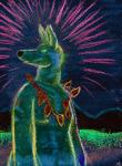 ambiguous_gender anthro archived_source bd canid canine canis colorful_theme fur green_body green_fur jewelry looking_at_viewer mammal necklace neon pastel_(artwork) signature solo traditional_media_(artwork) wolf
