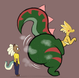 anthro behind_another big_butt bodily_fluids butt clothing duo eyes_closed green_body green_tail huge_butt looking_at_butt musk musk_cloud raised_tail shirt side_view size_difference smile sweat sweatdrop sweaty_butt tail thick_tail thick_thighs topwear yellow_clothing yellow_shirt yellow_topwear dragonfeatherss nintendo pokemon zay_(dragonfeatherss) alligator alligatorid crocodilian domestic_ferret dracozolt fossil_pokemon generation_8_pokemon hybrid mammal mustelid musteline pokemon_(species) reptile scalie true_musteline weasel 2025 digital_drawing_(artwork) digital_media_(artwork) hi_res