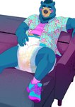 5_fingers anthro belly biped blue_body blue_fur blue_hair blush bodily_fluids clothed clothing diaper facial_hair fangs fingers footwear fur furniture genital_fluids goatee hair legwear looking_at_viewer male neon overweight overweight_anthro overweight_male partially_clothed rubbing shirt shoes shy simple_background sneakers socks sofa solo teeth tongue topwear unclean_diaper urine used_diaper wet_diaper wetting daire301 monty_(baron_montesque) bear mammal short-faced_bear spectacled_bear 2019 absurd_res digital_media_(artwork) hi_res nonbinary_(lore)