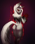 ambiguous_gender anthro blood blood_on_hand bodily_fluids butt fur hair long_tail looking_at_viewer looking_back looking_back_at_viewer pose raised_tail red_eyes smile solo tail unusual_eyes white_body white_hair ammylin grem grem2 4:5 hi_res pinup portrait shaded soft_shading three-quarter_portrait