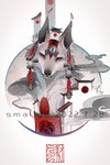 ambiguous_gender asian_architecture asian_clothing clothed clothed_feral clothing cloud ear_piercing ear_ring earwear feral headgear headwear looking_at_viewer piercing red_eyes ring_piercing rising_sun simple_background solo white_background smallyu canid canine fox mammal hi_res signature