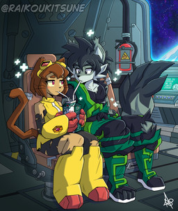 anthro beverage duo female male male/female romantic romantic_couple sitting space spacecraft vehicle raikoukitsune gameoverse glitch_productions kaboodle_(gameoverse) kit_bodega rakurai_senku_(raikoukitsune) canid canine domestic_cat felid feline felis fox mammal storm_kitsune absurd_res hi_res