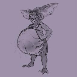 anthro belly big_belly bottomless bottomless_anthro bottomless_male claws clenched_teeth clothed clothing eyewear fangs glasses half-closed_eyes hand_on_belly jacket looking_at_viewer male narrowed_eyes navel obese obese_anthro obese_male overweight overweight_anthro overweight_male scales shirt smile smiling_at_viewer solo standing teeth topwear scudmum gremlins gremlin gremlin_(gremlins) 2024 digital_drawing_(artwork) digital_media_(artwork) hi_res sketch