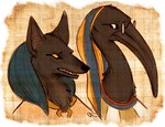 anthro duo long_neck male yellow_sclera inonibird egyptian_mythology middle_eastern_mythology mythology anubis thoth anubian_jackal avian bird canid canine canis deity jackal mammal