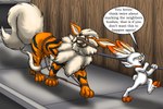 angry anthro bdsm bondage bound captured catch_pole dialogue duo eyes_closed feral feral_bondage forced fur glare happy humiliation leash male male/male mane muzzle_(object) petplay roleplay rope sidewalk street tail text raptorroper nintendo pokemon arcanine generation_1_pokemon generation_8_pokemon pokemon_(species) scorbunny 3:2 english_text hi_res