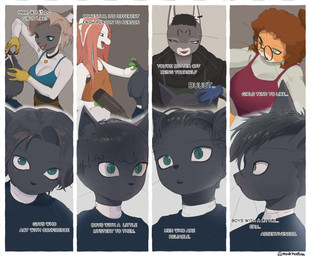 anthro apron bangs barbell_piercing barber barber_cape belt big_breasts black_body black_bottomwear black_bra black_clothing black_collar black_eyes black_eyewear black_fur black_glasses black_hair black_hoodie black_nose black_skirt black_text black_topwear black_underwear black_whiskers blue_clothing blue_eyes blue_gloves blue_handwear blue_shirt blue_tank_top blue_topwear bottomwear bra breast_size_difference breasts brown_belt brown_hair clothed clothed_anthro clothed_female clothed_male clothing collar collar_tag curly_hair dialogue dryer ear_piercing ear_ring eyebrow_barbell eyebrow_piercing eyewear facial_piercing fangs female female_anthro fur glasses gloves green_apron green_clothing green_eyes green_gloves green_handwear grey_body grey_ears grey_eyes grey_fur group hair hair_dryer handwear holding_hair_dryer holding_object holding_scissors hoodie inner_ear_fluff latex latex_clothing latex_gloves latex_handwear long_hair male male_anthro markings medium_breasts mole_(marking) mouth_closed multicolored_body multicolored_fur open_mouth orange_body orange_clothing orange_fur orange_shirt orange_tank_top orange_topwear piercing pink_hair pink_inner_ear pink_nose pink_tongue pupils red_apron red_clothing ring_piercing round_glasses scissors shirt short_hair skirt slit_pupils small_breasts snout sweater tan_hair tank_top teal_eyes teeth text tongue topwear tuft two_tone_body two_tone_fur underwear utility_belt whiskers white_body white_clothing white_ears white_fur white_inner_ear white_inner_ear_fluff white_sweater white_topwear yellow_clothing yellow_gloves yellow_handwear matchattea dallas_(matchattea) simone_(matchattea) domestic_cat felid feline felis mammal 2026 english_text signature