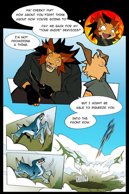 anthro clothing coat dialogue duo feral fingerless_gloves gloves handwear holding_object holding_weapon jumping knife landscape_background looking_at_another male solo speech_bubble text topwear trenchcoat weapon ksejl mello_(ksejl) rey_(ksejl) canid canine canis domestic_dog felid lion mammal monster pantherine 2:3 comic english_text full-length_portrait half-length_portrait hi_res portrait