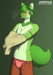 anthro belt bottomwear brown_bottomwear brown_clothing brown_pants bulge clothing crucifix drugs ear_piercing fluffy fluffy_tail fur glowing glowing_eyes green_background green_body green_fur green_hair green_tail hair inner_ear_fluff jewelry male marijuana navel necklace pants piercing pink_nose red_clothing red_eyes red_underwear shirt shirtless simple_background smoke smoking solo tail text topwear tuft underwear undressing white_clothing white_shirt white_topwear orbitalis nintendo pokemon felid feline generation_9_pokemon mammal pokemon_(species) sprigatito hi_res url