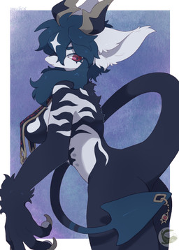 2_horns anthro black_body blue_hair blush breasts claws convenient_censorship female finger_claws fur hair horn logo pawpads red_eyes side_boob simple_background solo tail text thick_thighs tuft unusual_anatomy unusual_horn white_body white_pawpads yellow_claws mochiri swyn mammal 2025 absurd_res artist_logo artist_name cel_shading digital_drawing_(artwork) digital_media_(artwork) hi_res shaded