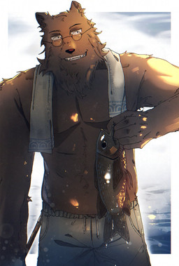 armpit_hair beard belly body_hair bottomwear brown_hair clothing eyewear facial_hair fangs fishing fishing_rod fur glasses hair half_naked male pants rim_light sea sherk_(animation_5) shorts smile solo teeth text towel towel_around_neck water wet wet_body animation_5 aquatic bear fish humanoid mammal hi_res japanese_text