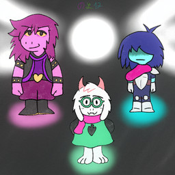 anthro armor eyewear female glasses group male simple_background devluca17 deltarune undertale_(series) kris_dreemurr ralsei susie_(deltarune) bovid caprine darkner goat human mammal monster reptile scalie 1:1 absurd_res hi_res