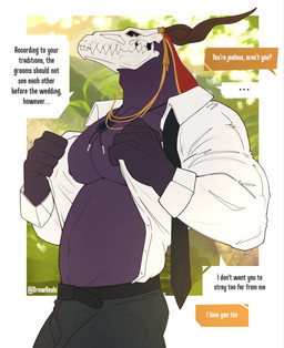 belt bone bottomwear clothing dialogue horn jewelry male muscular muscular_male navel necklace necktie nipples pants pecs purple_body red_eyes shirt skull skull_head solo text topwear drawreshi american_mythology indigenous_north_american_mythology mythology north_american_mythology the_ancient_magus'_bride elias_ainsworth wendigo absurd_res english_text hi_res