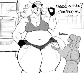 anthro armpit_hair belly body_hair bottomwear chest_tuft clothing dialogue duo female fur hat headgear headwear larger_anthro larger_female male shorts size_difference slightly_chubby smaller_human smaller_male tail thick_thighs tight_clothing truck tuft vehicle comisariomcnuggets american_opossum human mammal marsupial hi_res