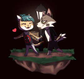 anthro biped black_body black_bottomwear black_clothing black_fur black_jacket black_pants black_topwear blue_hair bottomwear clothing duo ear_piercing eyes_closed female fur gauged_ear green_eyes grey_body grey_fur hair hand_holding heart_symbol jacket male markings open_mouth open_smile orange_spots pants pattern_bottomwear pattern_clothing pattern_pants piercing smile spots spotted_arms spotted_body spotted_fur striped_bottomwear striped_clothing striped_pants stripes topwear white_body white_clothing white_fur white_topwear yellow_body yellow_fur demireality canid felid mammal